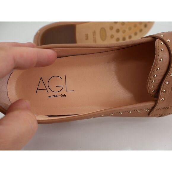 AGL Mocassin Penny Loafers Womens Size 39.5 9.5 Brown Micro Studs Slip On Shoes - Picture 12 of 13